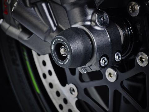 EP Spindle Bobbins Crash Protection fitted to the front wheel of the Kawasaki Ninja ZX-10R Performance shielding the front forks and brake calipers.