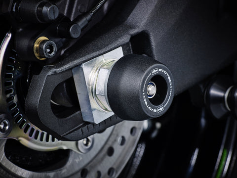 The rear wheel of the Kawasaki ZX-10R KRT with EP Spindle Bobbins Crash Protection bobbin mounted to the rear spindle offering swingarm protection. 