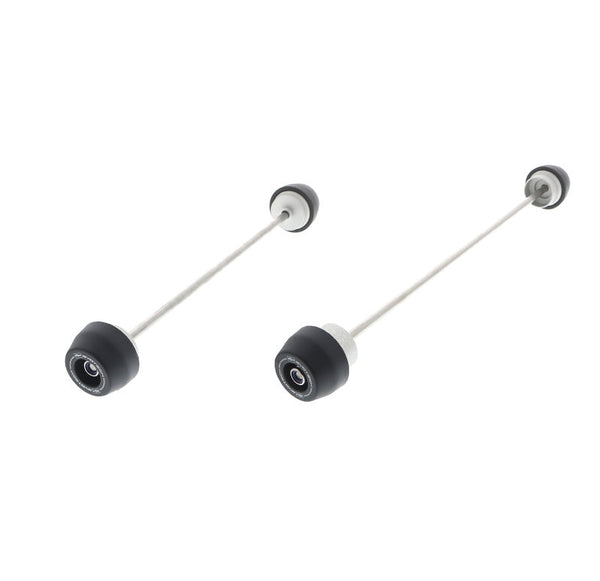 Both components of the EP Spindle Bobbins Kit for the Aprilia Tuono 660 Factory. Stainless steel spindle rods hold together aluminium and injection moulded nylon bobbins.