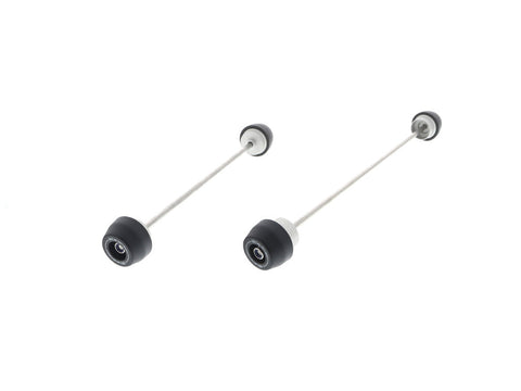 Both components of the EP Spindle Bobbins Kit for the Aprilia Tuono 660 Factory. Stainless steel spindle rods hold together aluminium and injection moulded nylon bobbins.