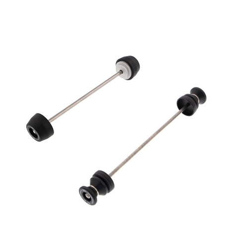 Two EP products combine to form the EP Spindle Bobbins Paddock Kit for the Ducati Scrambler 1100 Sport: front Spindle Bobbins for crash protection (left) and rear wheel Paddock Stand Bobbins for storage and maintenance (right).