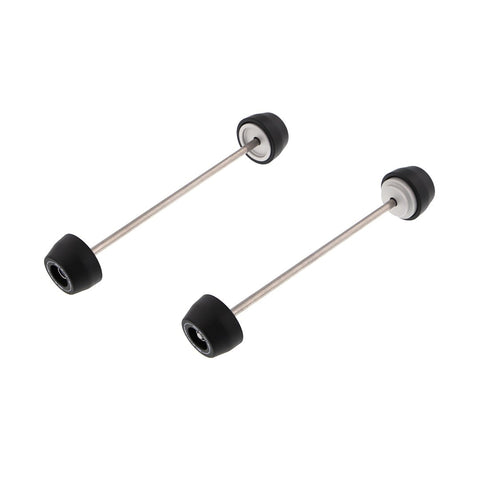The EP Spindle Bobbins Crash Protection Kit for the Ducati Monster 821 Stealth with rear swingarm (left) and front fork (right) protection with spindle bobbins on either side of a rolled-thread spindle rods.