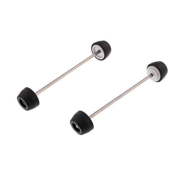 The EP Spindle Bobbins Crash Protection Kit for the Ducati Monster 821 with rear swingarm (left) and front fork (right) protection with spindle bobbins on either side of a rolled-thread spindle rods.