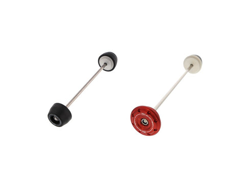 The full EP Spindle Bobbins Crash Protection Kit for the Ducati Diavel Carbon includes a front wheel spindle rod with two bobbins (left) and a rear wheel spindle rod with a bobbin and red hub stop (right).