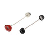 EP Spindle Bobbins Crash Protection Kit for the Ducati Multistrada 1260 D/Air with front fork protection with bobbins on both sides (right) and rear swingarm protection with a single bobbin and anodised red hub stop (left). 