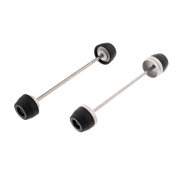The EP Spindle Bobbins Crash Protection Kit for the Ducati DesertX with front fork protection (left) rear swingarm protection (right); spindle bobbins fitted either side of a rolled-thread spindle rods.