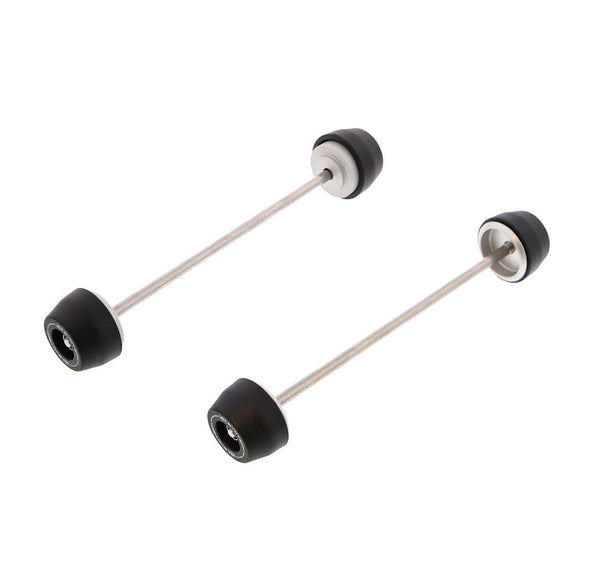 EP Spindle Bobbins Kit for the Ducati Scrambler Icon Dark includes crash protection for the front wheel (left) and rear wheel (right). Matt black nylon bobbins with supporting aluminium inners joined by a stainless steel spindle rod.