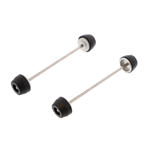 EP Spindle Bobbins Kit for the Ducati Scrambler Classic includes crash protection for the front wheel (left) and rear wheel (right). Matt black nylon bobbins with supporting aluminium inners joined by a stainless steel spindle rod.