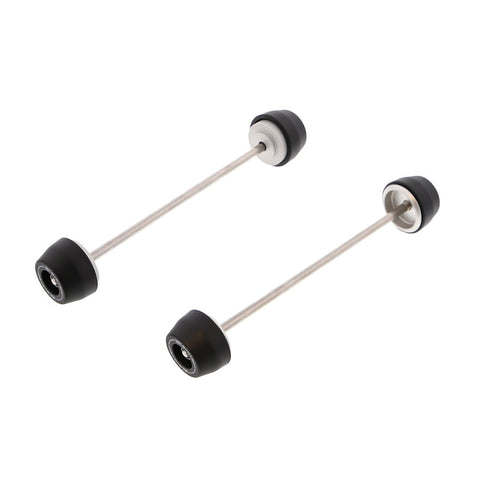 EP Spindle Bobbins Kit for the Ducati Scrambler Icon includes crash protection for the front wheel (left) and rear wheel (right). Matt black nylon bobbins with supporting aluminium inners joined by a stainless steel spindle rod.