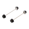 EP Spindle Bobbins Kit for the Ducati Scrambler Icon Dark includes crash protection for the front wheel (left) and rear wheel (right). Matt black nylon bobbins with supporting aluminium inners joined by a stainless steel spindle rod.