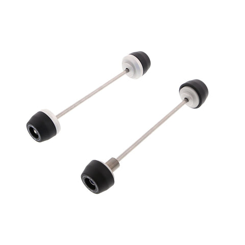 EP Spindle Bobbins Kit for the Honda CBR1000RR-R SP has two components, each with a stainless steel spindle rod with specifically sized aluminium spacers and nylon bobbins attached at either end. The front fork protection (right) also has a hollowed spindle bolt.