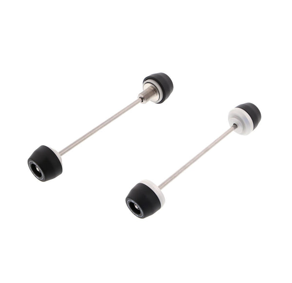 EP Spindle Bobbins Kit for the Honda CBR1000RR has two components, each with a stainless steel spindle rod with specifically sized aluminium spacers and nylon bobbins attached at either end. The front fork protection (left) also has a hollowed spindle bolt.