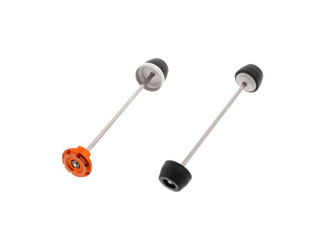 The EP Spindle Bobbins Kit for the KTM 1290 Super Duke R includes rear spindle protection with one bobbin and one anodised orange hub stop (left) and front spindle protection with two precision-fit bobbins (right).