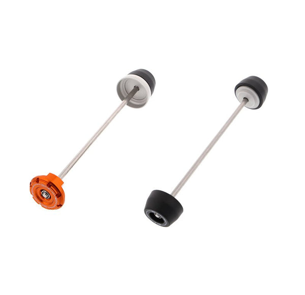 The EP Spindle Bobbins Kit for the KTM 1290 Super Duke R includes rear spindle protection with one bobbin and one anodised orange hub stop (left) and front spindle protection with two precision-fit bobbins (right).