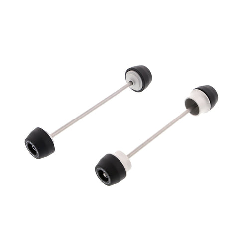 EP Spindle Bobbins Kit for the Kawasaki Z650RS includes front fork crash protection (left) and rear swingarm protection (right). Stainless steel spindle rods hold the signature Evotech Performance nylon bobbins and aluminium spacers together which will attach securely through the motorcycle’s wheels.  