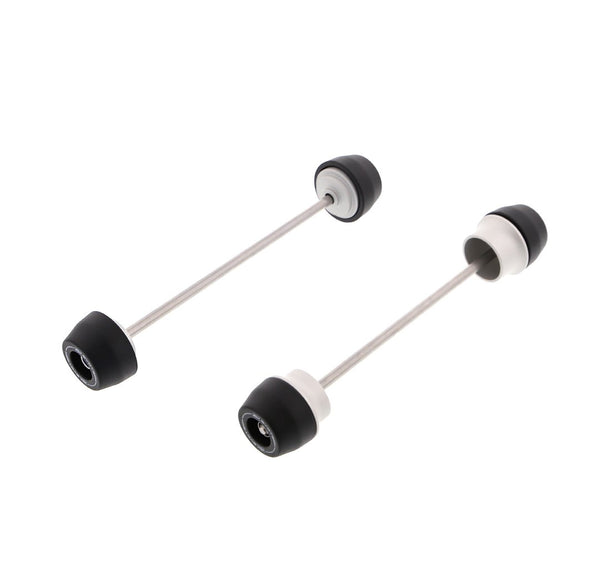 EP Spindle Bobbins Kit for the Kawasaki Z650 includes front fork crash protection (left) and rear swingarm protection (right). Stainless steel spindle rods hold the signature Evotech Performance nylon bobbins and aluminium spacers together which will attach securely through the motorcycle’s wheels.  