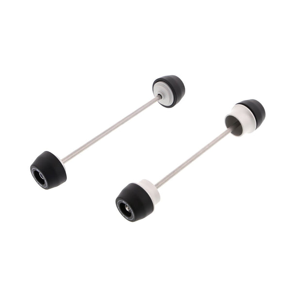 EP Spindle Bobbins Kit for the Kawasaki Ninja 650 includes front fork crash protection (left) and rear swingarm protection (right). Stainless steel spindle rods hold the signature Evotech Performance nylon bobbins and aluminium spacers together which will attach securely through the motorcycle’s wheels.  