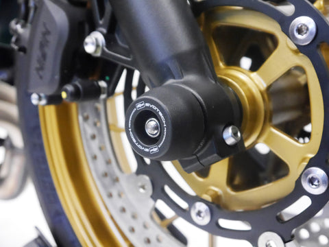 EP Spindle Bobbins Crash Protection fitted to the front wheel of the Kawasaki Z650RS shielding the front forks of the front forks and brake calipers.
