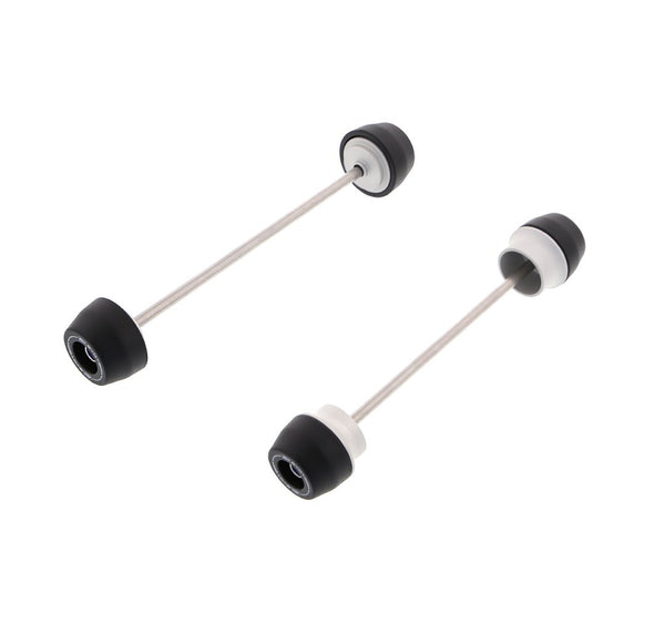 EP Spindle Bobbins Kit for the Kawasaki Z900 Performance includes front fork crash protection (left) and rear swingarm protection (right). Stainless steel spindle rods hold the signature Evotech Performance nylon bobbins and aluminium spacers together which will attach securely through the motorcycle’s wheels.  