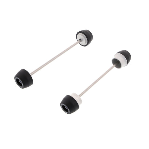 EP Spindle Bobbins Kit for the Kawasaki Z900 includes front fork crash protection (left) and rear swingarm protection (right). Stainless steel spindle rods hold the signature Evotech Performance nylon bobbins and aluminium spacers together which will attach securely through the motorcycle’s wheels.  