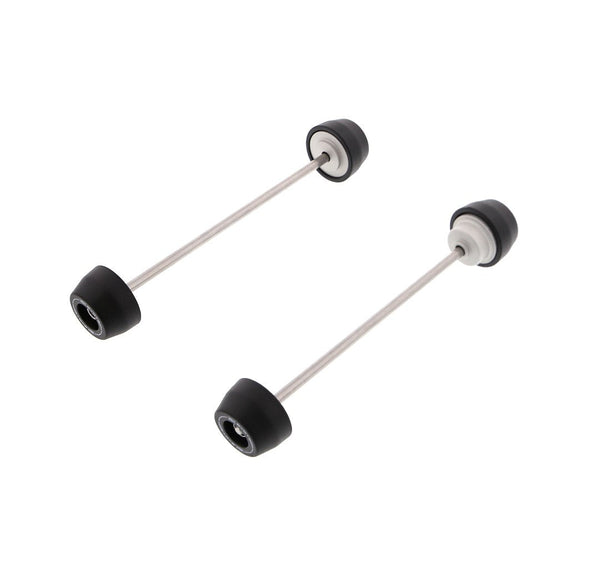 EP Spindle Bobbins Kit for the Triumph Street Triple R includes front fork crash protection (left) and rear swingarm protection (right) both holding signature Evotech Performance nylon bobbins above a precision machined aluminium inner.  