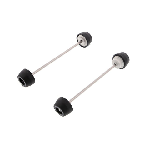 EP Spindle Bobbins Kit for the Triumph Street Triple S (660) includes front fork crash protection (left) and rear swingarm protection (right) both holding signature Evotech Performance nylon bobbins above a precision machined aluminium inner.  