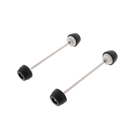 EP Spindle Bobbins Kit for the Triumph Daytona Moto2 765 includes front fork crash protection (left) and rear swingarm protection (right) both holding signature Evotech Performance nylon bobbins above a precision machined aluminium inner.  