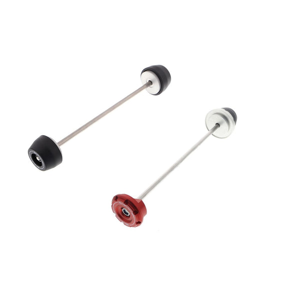 The two components of the EP Spindle Bobbins Kit for the Triumph Speed Triple 1200 RS are front wheel fork and brake caliper protection with nylon bobbins either end of the spindle rod (left) and rear wheel swingarm and brake caliper protection from the single bobbin and red hub stop (right).