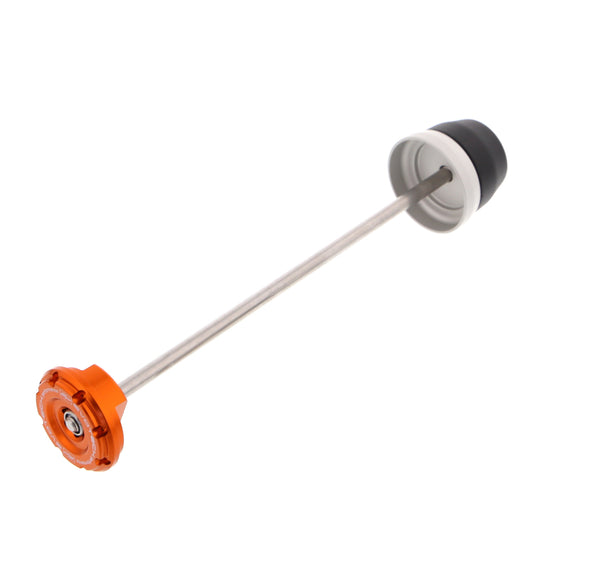 EP Rear Spindle Bobbins for the KTM 1290 Super Duke R crash protection for the rear motorcycle wheel. An aluminium and nylon bobbin for the nearside with an anodised orange hub stop for the offside, held together by a spindle rod.