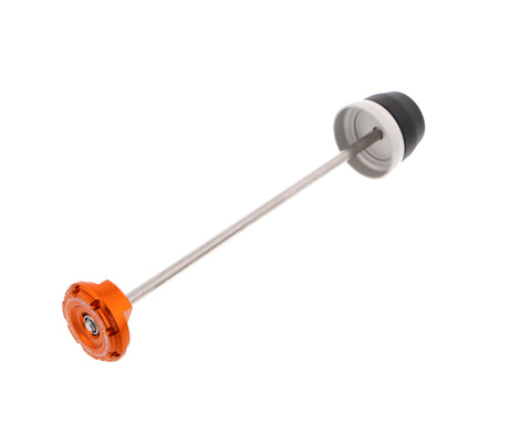 EP Rear Spindle Bobbins for the KTM 1290 Super Duke GT crash protection for the rear motorcycle wheel. An aluminium and nylon bobbin for the nearside with an anodised orange hub stop for the offside, held together by a spindle rod.