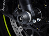 The precision fit of the EP bobbin to the front wheel of the Suzuki GSX- S750Z from the EP Spindle Bobbins Kit, offering crash protection to the front forks, spindle retainers and brake calipers. 