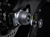 The precision fit of the EP bobbin head to the rear wheel of the Suzuki V-Strom 1050XT from the EP Spindle Bobbin Kit, offering crash protection the swingarm. 