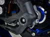 EP Spindle Bobbins Crash Protection fitted to the front wheel of the Yamaha MT-09 Sport Tracker ABS guarding the front forks and brake calipers.