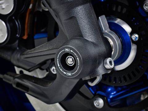 EP Spindle Bobbins Crash Protection fitted to the front wheel of the Yamaha MT -09 guarding the front forks and brake calipers.