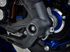 The precision fit of the EP bobbin to the front wheel of the Yamaha MT-09 SP from the EP Spindle Bobbins Kit, offering crash protection to the front forks, spindle retainers and brake calipers. 