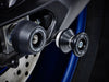 The swingarm of the Yamaha FZ-09 with EP Paddock Stand Bobbins installed near EP Rear Spindle Bobbins Crash Protection. 
