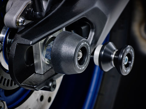 The rear wheel of the Yamaha MT-09 SP with EP Spindle Bobbins Crash Protection bobbin fitted to the rear spindle offering swingarm protection. 