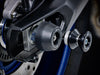 The rear wheel of the Yamaha FZ-09 with EP Spindle Bobbins Crash Protection bobbin fitted to the rear spindle offering swingarm protection. 