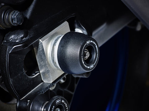 The rear wheel of the Yamaha FZ-10 with EP Spindle Bobbins Crash Protection bobbin fitted to the rear spindle offering swingarm protection. 