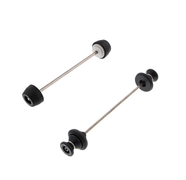 Two EP products are incorporated into the EP Spindle Bobbins Paddock Kit for the Yamaha XSR700: front fork crash protection spindle bobbins (left) and rear wheel paddock stand bobbins (right).