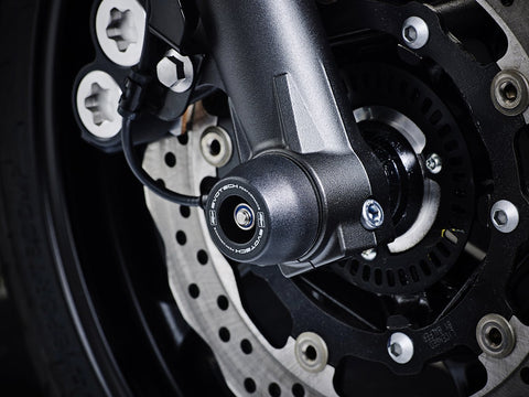 The front wheel of the Yamaha XSR700 with Spindle Bobbins crash protection fitted, one part of the EP Spindle Bobbins Paddock Kit.