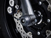 The front wheel of the Yamaha MT-07 with Spindle Bobbins crash protection fitted, one part of the EP Spindle Bobbins Paddock Kit.