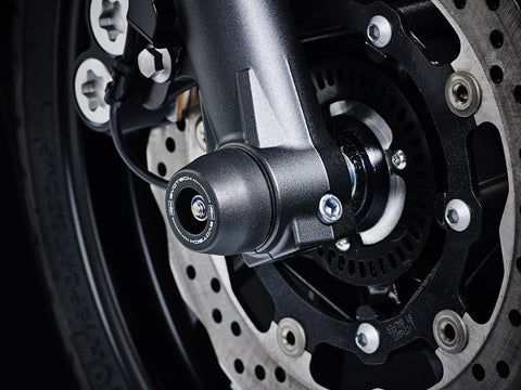 The precision fit of the EP bobbin to the front wheel of the Yamaha MT-07 Moto Cage from the EP Spindle Bobbins Kit, giving crash protection to the front forks, spindle retainers and brake calipers. 