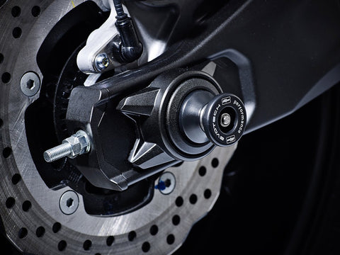 EP Paddock Stand Bobbins for the Yamaha MT-07 project from the rear wheel and swingarm to firmly catch C or V cup paddock stands for maintenance and storage.