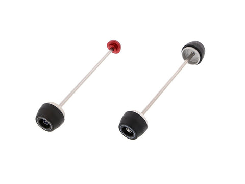 EP Spindle Bobbins Kit for the Aprilia RSV4 RR includes rear spindle rod with one bobbin and one anodised red hub stop (left component) and front fork protection spindle rod with two EP nylon bobbins (right component).