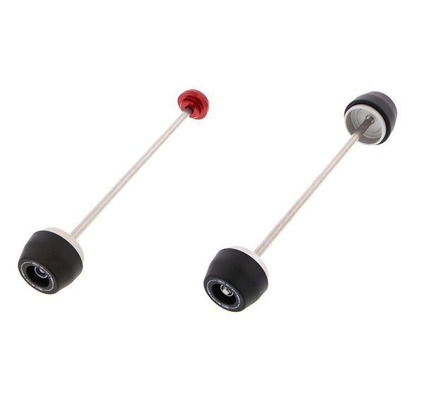 EP Spindle Bobbins Kit for the Aprilia RSV4 RF includes rear spindle rod with one bobbin and one anodised red hub stop (left component) and front fork protection spindle rod with two EP nylon bobbins (right component).