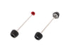 EP Spindle Bobbins Kit for the Aprilia RSV4 RF includes rear spindle rod with one bobbin and one anodised red hub stop (left component) and front fork protection spindle rod with two EP nylon bobbins (right component).