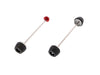 EP Spindle Bobbins Kit for the Aprilia RSV4 includes rear spindle rod with one bobbin and one anodised red hub stop (left component) and front fork protection spindle rod with two EP nylon bobbins (right component).