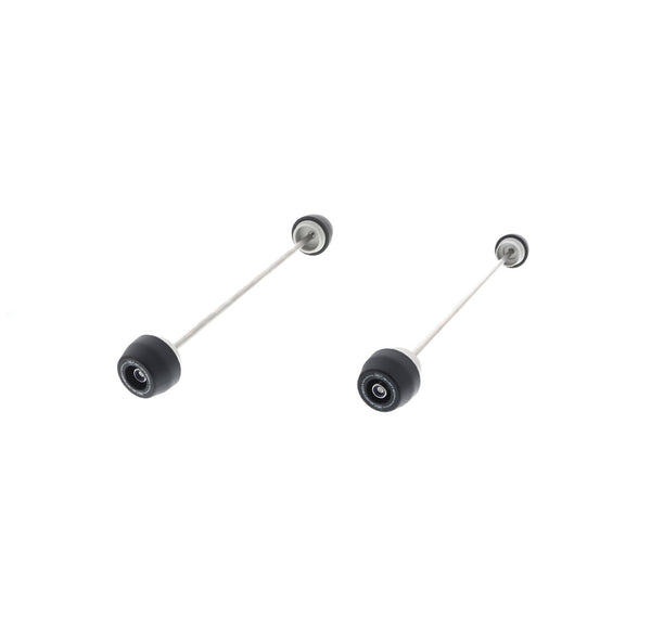Both components of the EP Spindle Bobbins Kit for the Aprilia RS660. Stainless steel spindle rods hold together aluminium and injection moulded nylon bobbins.