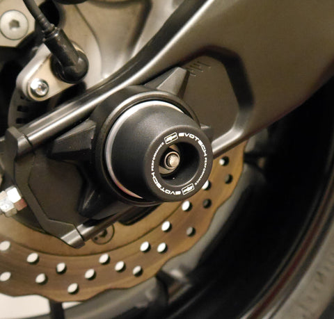 The EP Spindle Bobbins projects from the rear swingarm of the Yamaha MT-07 to protect the swingarm and brake calipers of the rear wheel.